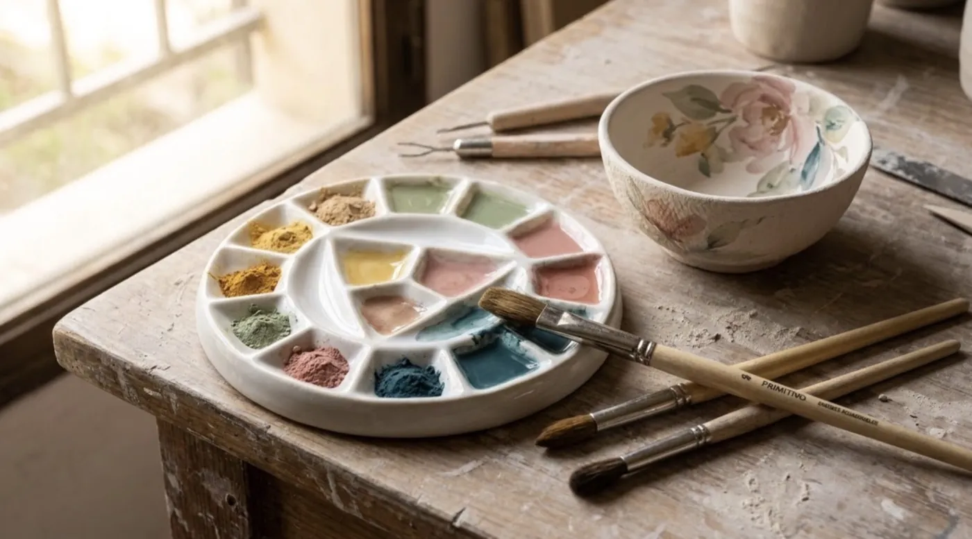 Paleta con engobes de colores y un cuenco pintado Paleta con engobes de colores y un cuenco pintado